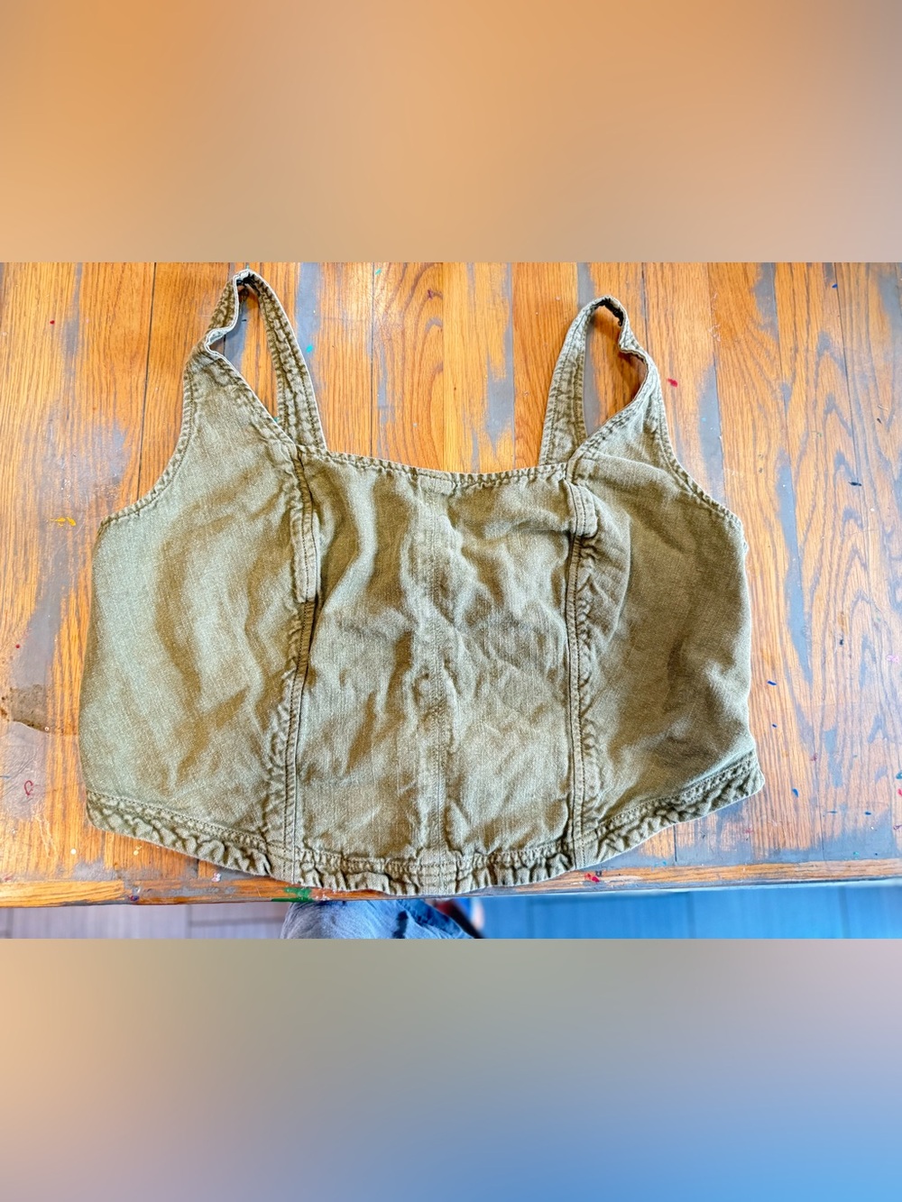 Pilcro Anthropologie Corset Tank Cropped Top Smocked Green Solid Sleeveless XL